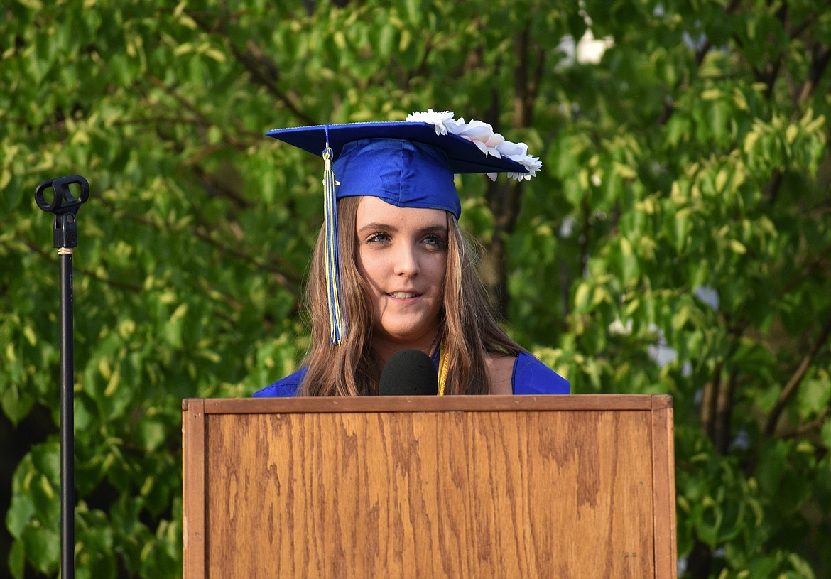 (Photo by DYLAN GREENE) 
 Aleehia Valliere addresses the class of 2020 during her salutatorian speech.