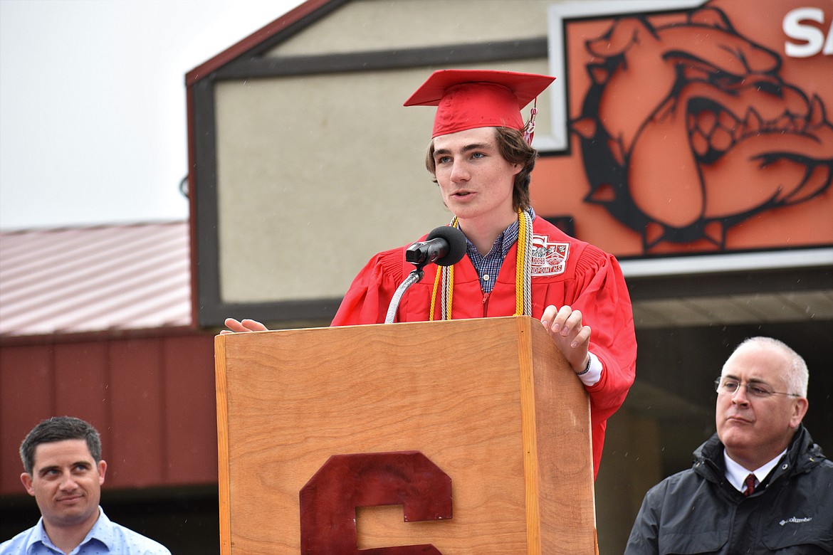 (Photo by DYLAN GREENE) 
 Teigen Edmundson delivers his co-valedictorian speech.