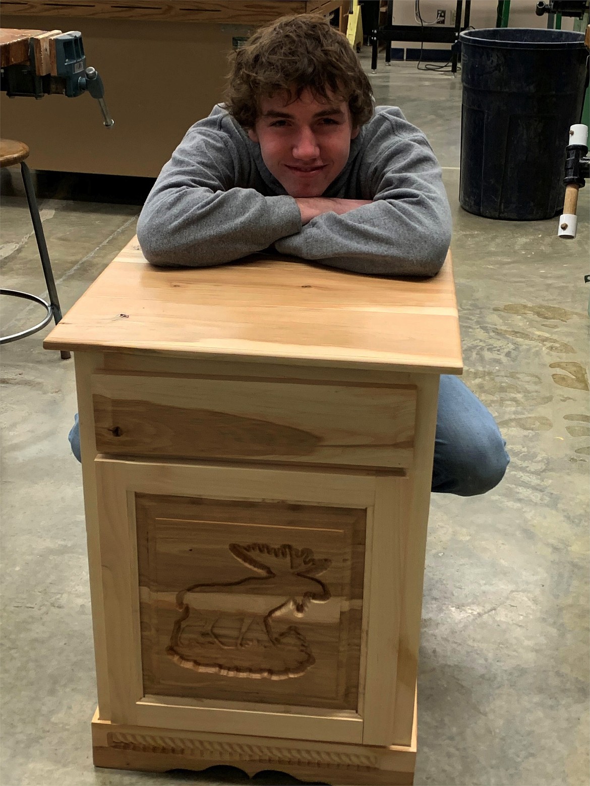 Dalin Foster (junior) and his first semester cabinet project.