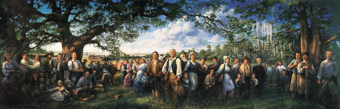 “Arrival of the Acadians in Louisiana” mural by Robert Dafford, depicting Acadians exiled from Canada by the British, the 30-foot mural exhibited in St. Martinville, La.