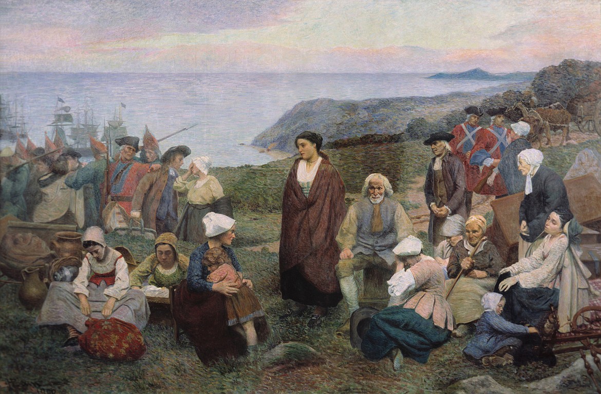 Painting “The Deportation of Acadians” by Henri Beau, the event taking place in 1755 in Nova Scotia.