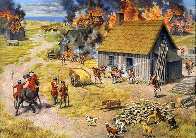 PAINTING BY CLAUDE PICARD 
 British soldiers burning Acadian farms and homes before deporting them to many destinations from New England to Falkland Islands in the 1700s.