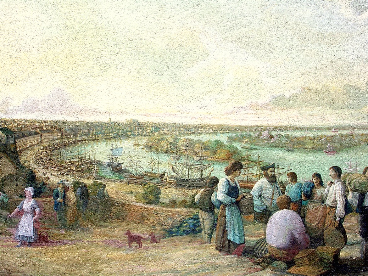 PAINTING BY ROBERT DAFFORD/WIKIMEDIA COMMONS 
 In 1785, 1,500 Acadians exiled to France from Canada migrated to Louisiana, shown in this painting waiting to board the ships.