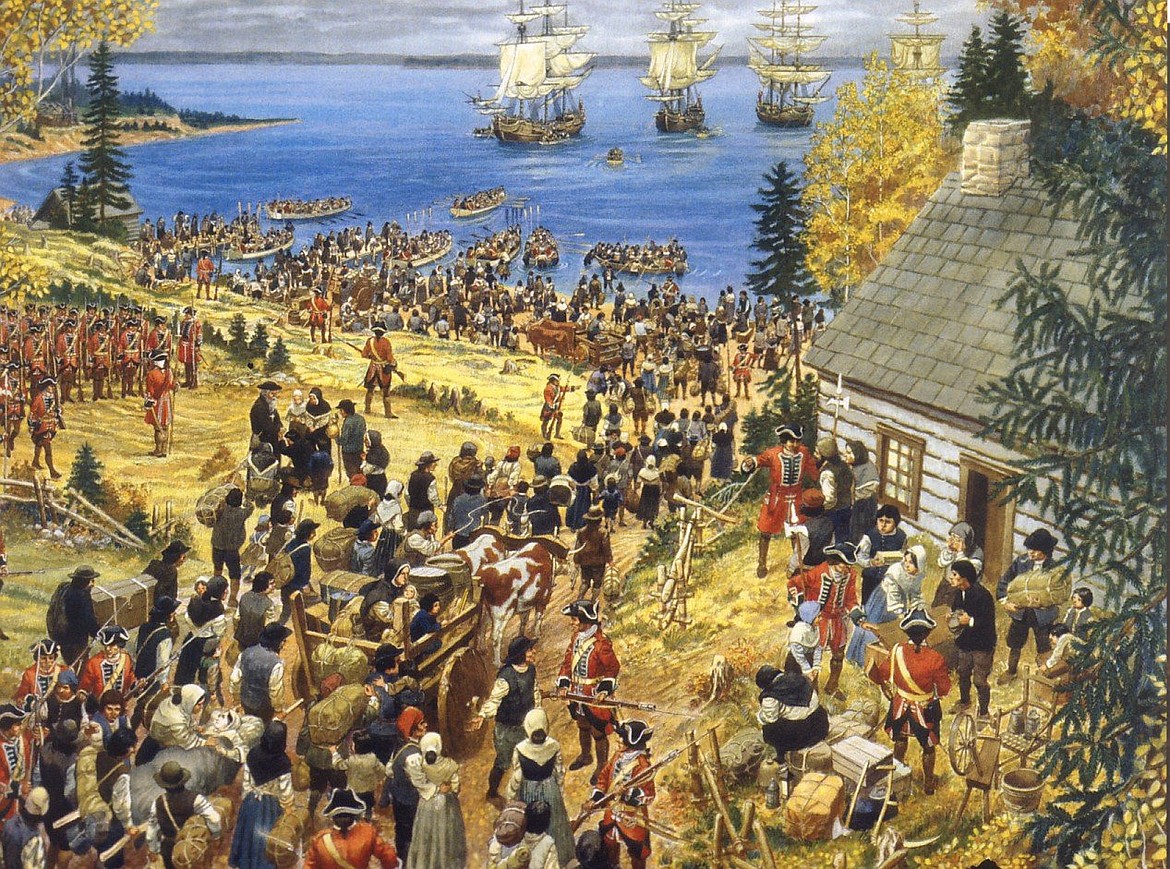 PAINTING BY LEWIS PARKER 
 British troops round up Acadians and exile them from Canada beginning in 1755, with many returning years later.