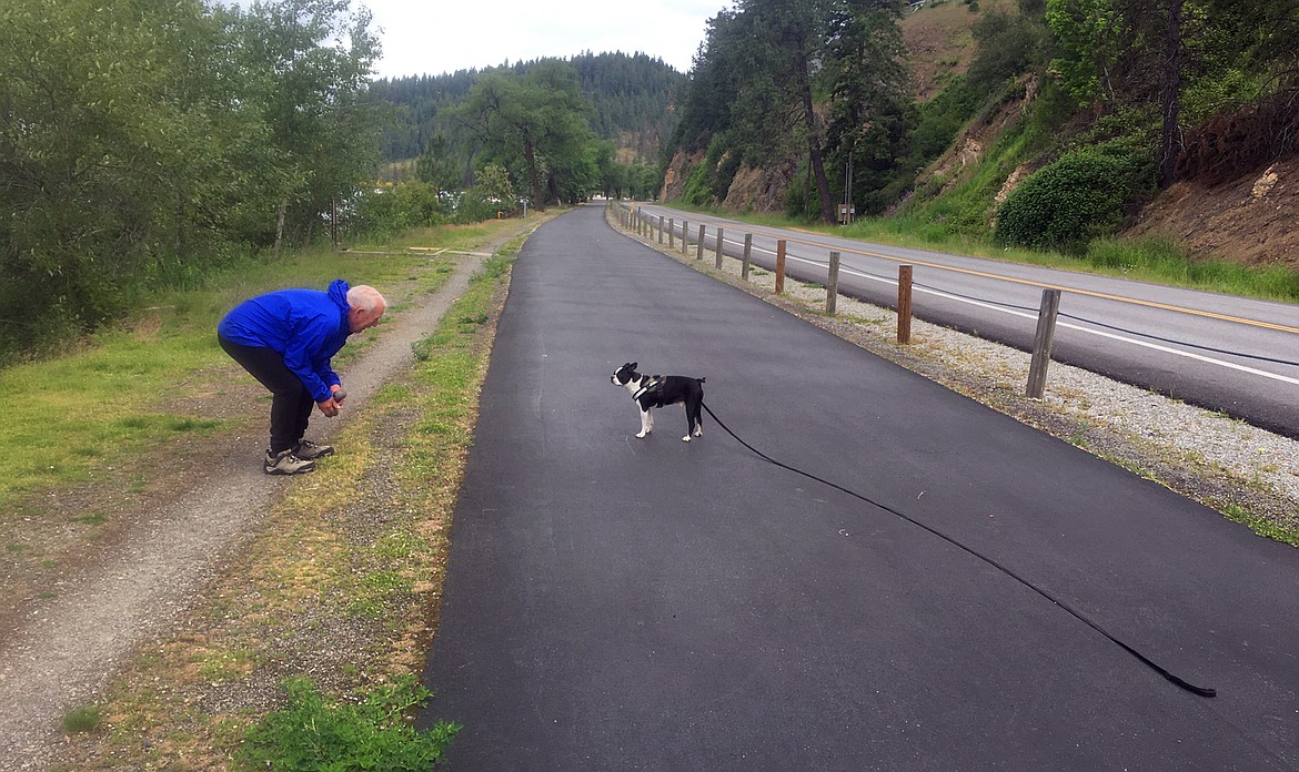 Scott Stephens comes face-to-face with Hercules, a 12-year-old Boston Terrier, while walking on the Centennial Trail on Tuesday.