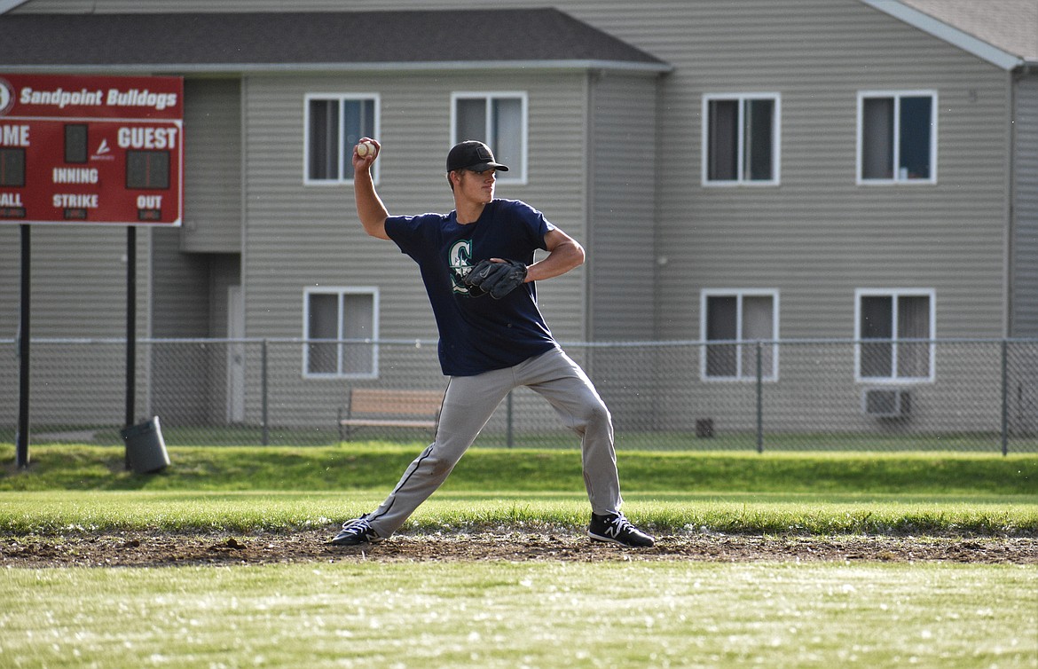 Avery Bocksch, a member of the North Idaho Lakers 19U team, prepares to throw the ball toward first base during practice at Pine Street Field on Wednesday. The Lakers open their season 1 p.m. Sunday at Coeur d’Alene.