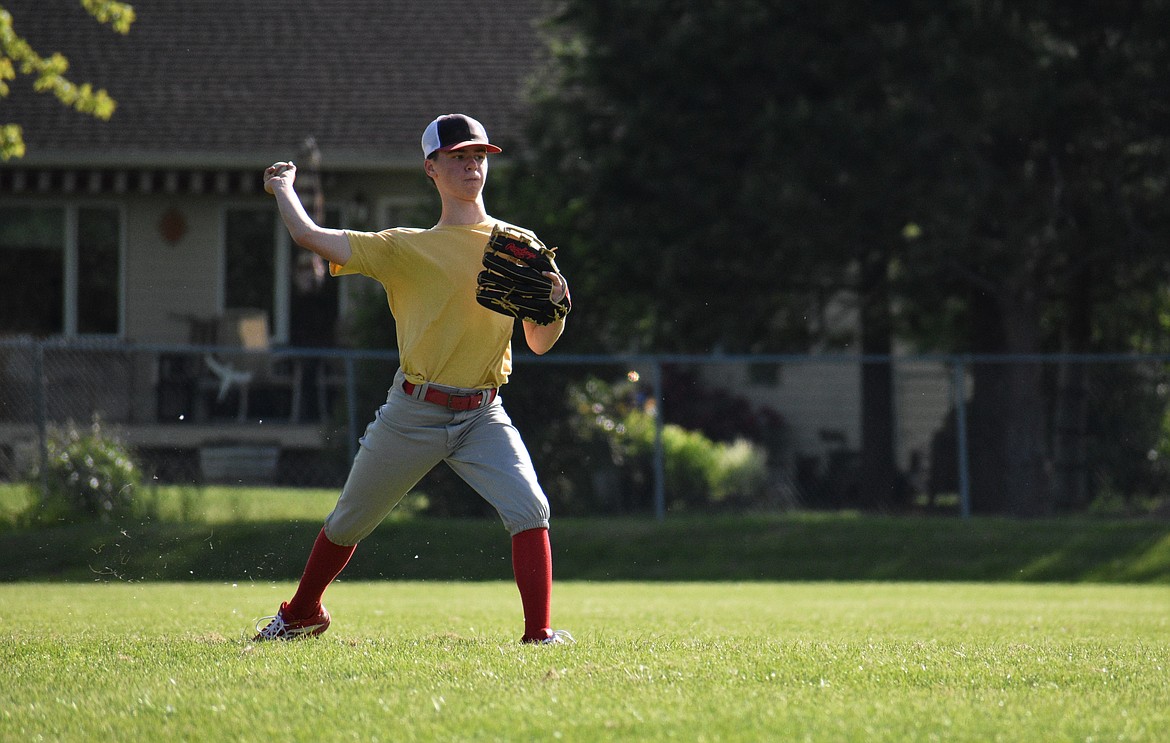 Dillon Terry, a player on the Lakers 16U team, throws a ball from the outfield.