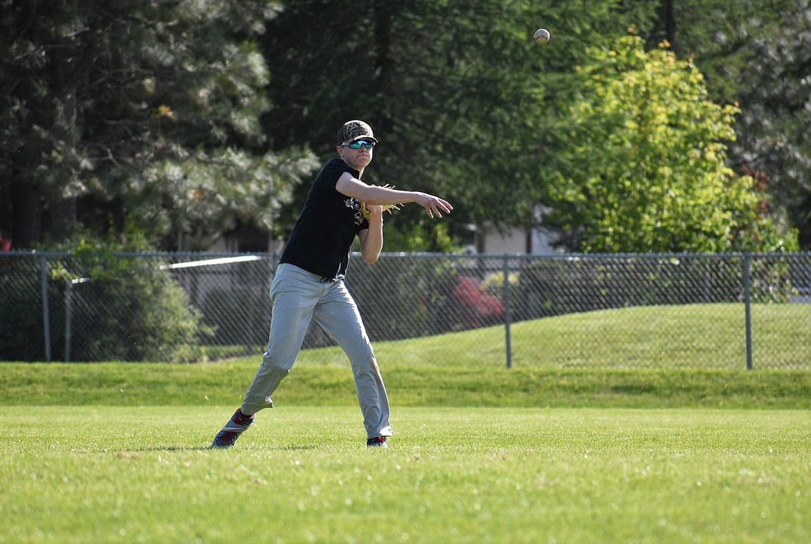Kody MacDonald, a player on the North Idaho Lakers U16 team, throws a ball from the outfield during practice at Pine Street Field on Wednesday. The U16 team opens the season at noon Saturday with a doubleheader at CDA U14.