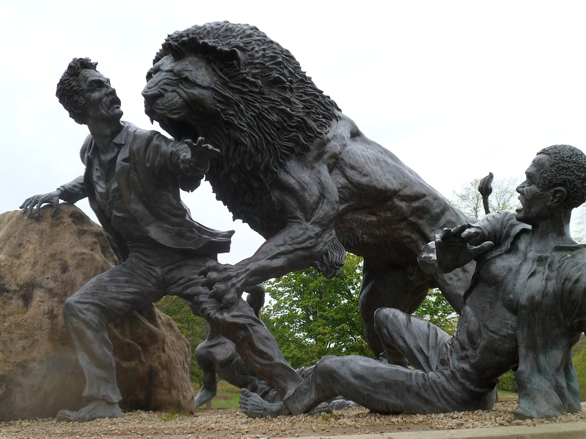 CREATIVE COMMONS 
 Statue depicting Dr. David Livingstone being severely wounded by a lion he was hunting that had been terrorizing Mabotsa in Botswana.