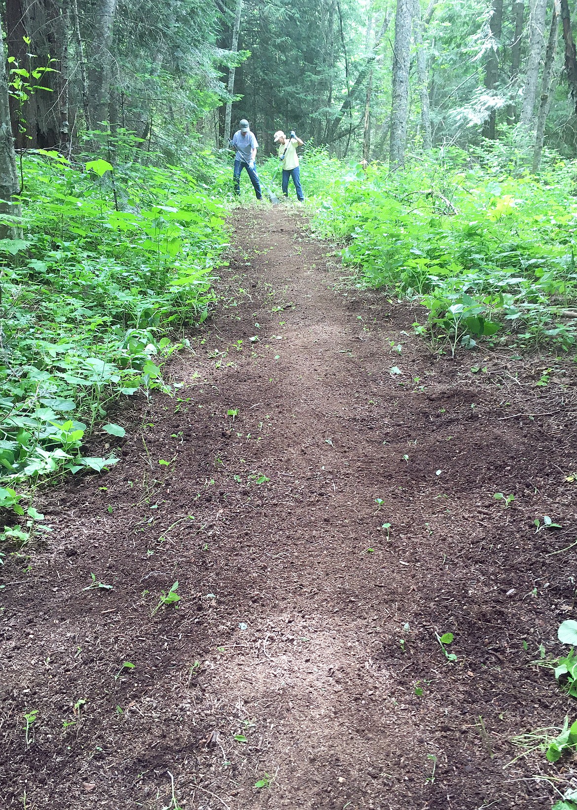 BILL BULEY/Press 
 Laura Hobbs, right, and Kristine Marin rake debris and create a new trail on Rathdrum Mountain Saturday.