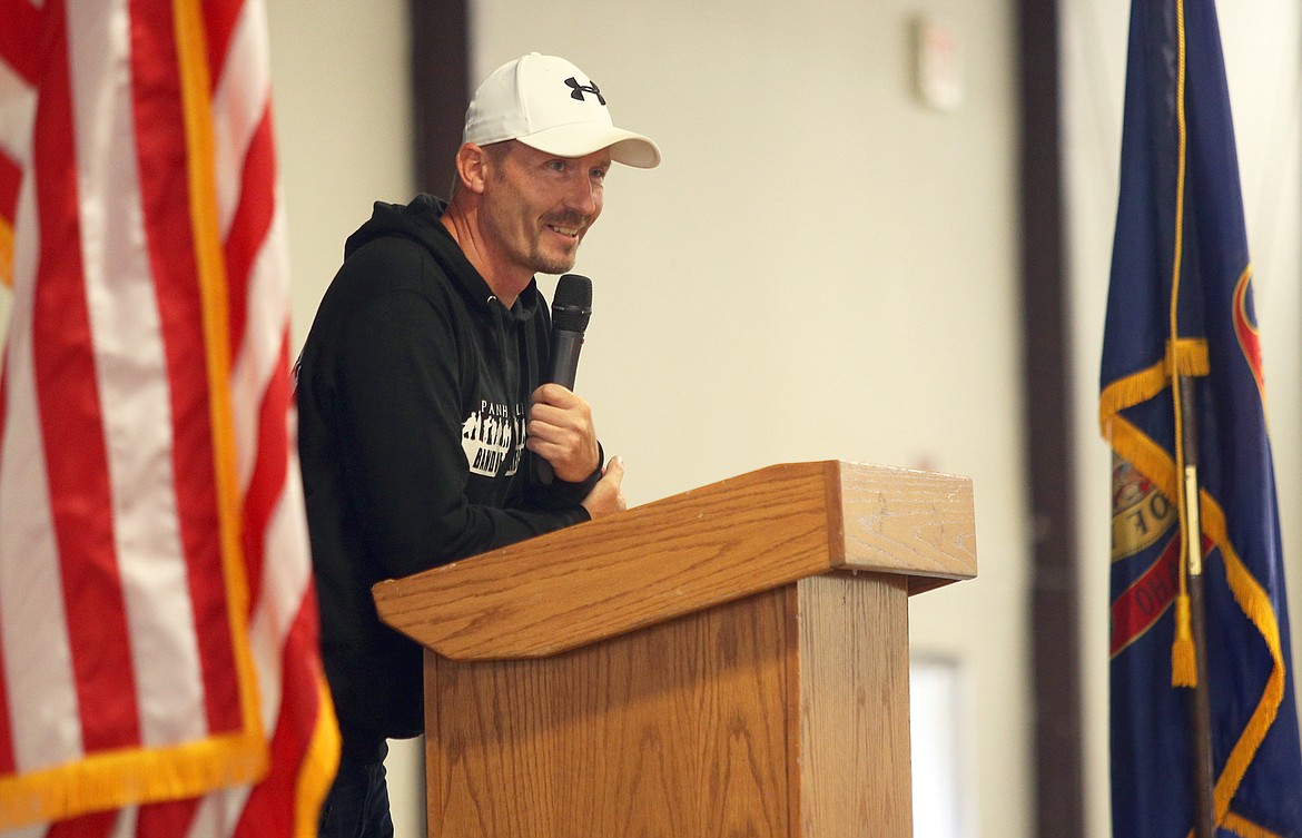 Brent Surplus, emcee of Sunday’s appreciation dinner, speaks to the crowd.