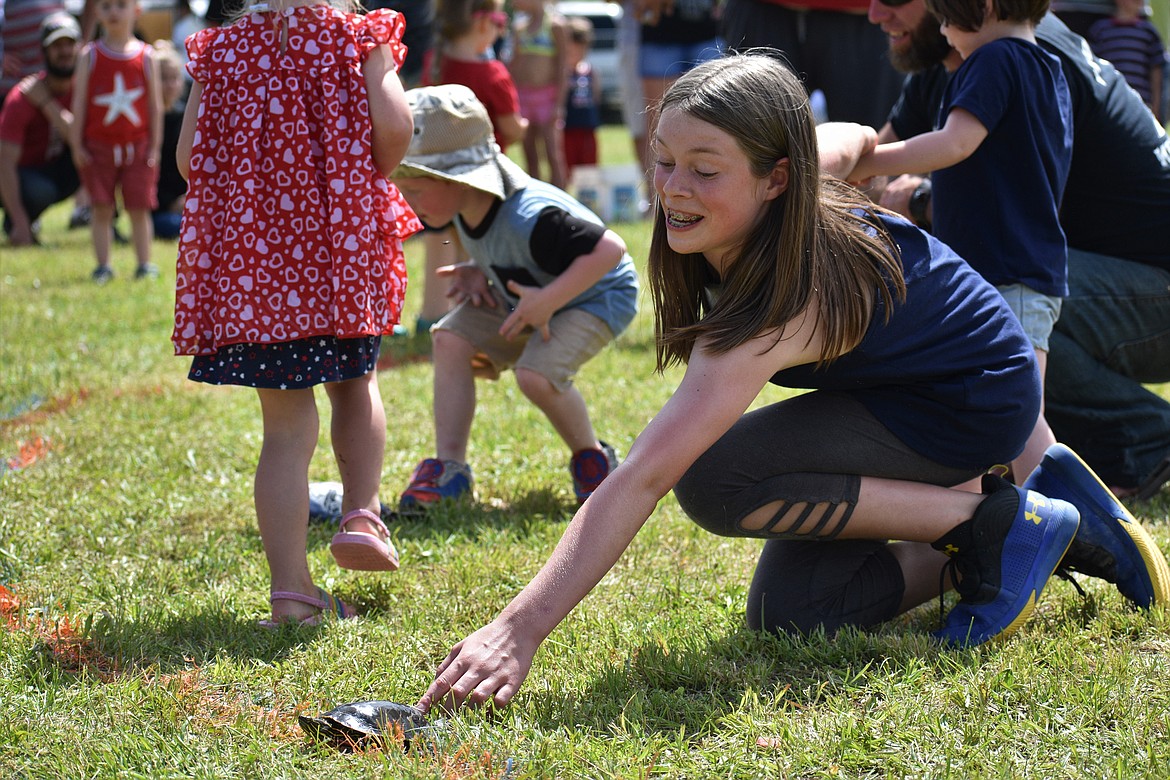 (Photo by DYLAN GREENE) 
 A youngster gets within inches of poking her turtle forward.