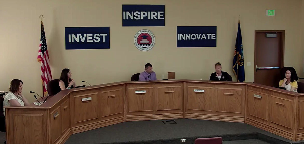 The Coeur d'Alene School Board discusses "blended learning" and safety measures for what going back to school this fall could look like during a socially distanced meeting Monday. (Screenshot via Facebook)