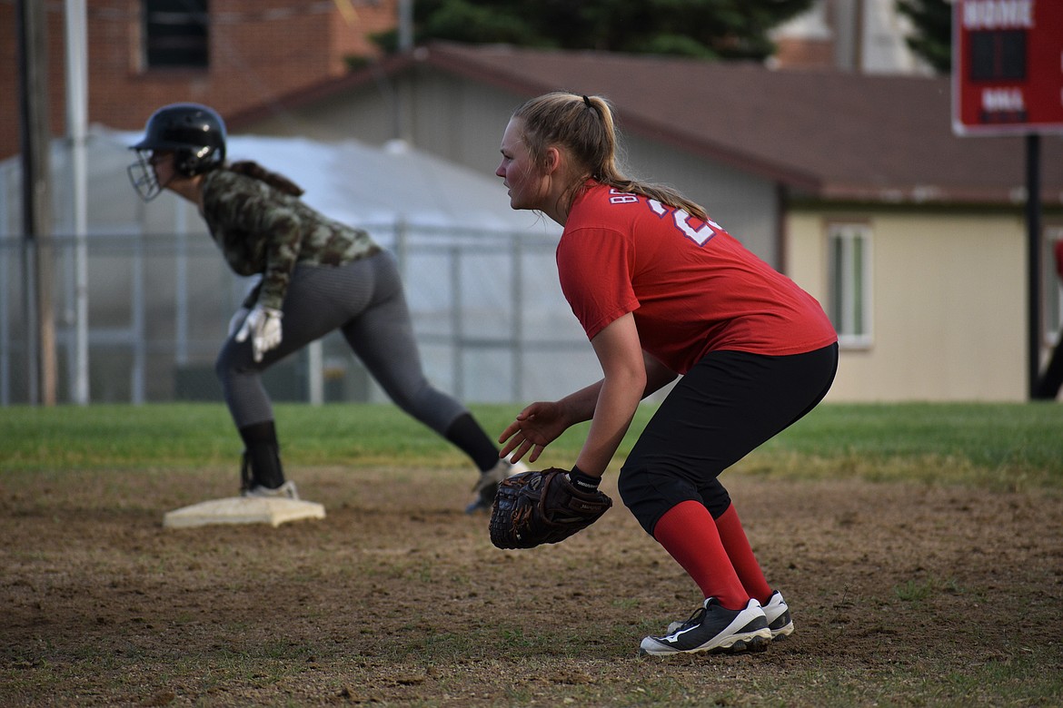 Incoming senior Riley Cessna stays ready as a Priest River runner sits on second base during a scrimmage Wednesday.