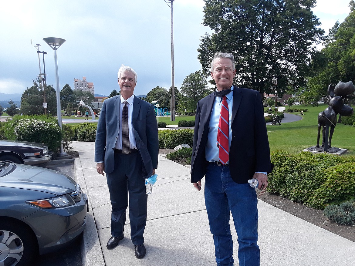 Gov. Brad Little (right) stands alongside Idaho Senate Pro Tempore Brent Hill outside Coeur d’Alene City Hall June 8, just after giving a press conference where he announced his $200 million property tax relief plan. Coeur d’Alene has decided to opt into the program, which could save property owners as much as $3.5 million.