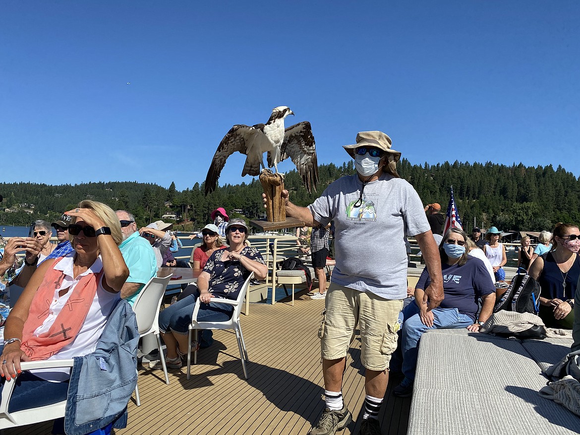 MADISON HARDY/Press 
 Vaughn Paragamian holds up stuffed male osprey for cruise passengers.