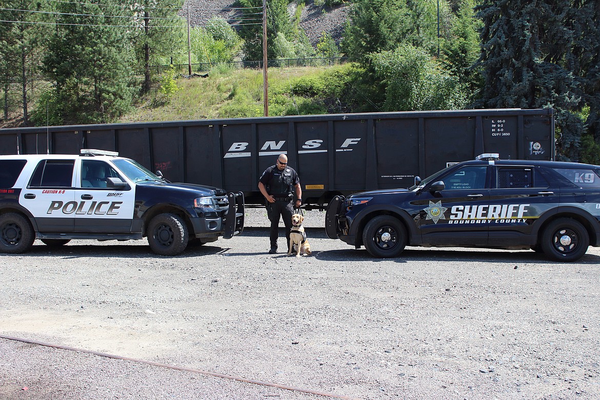 (Photo by VICTOR CORRAL MARTNEZ)
Boundary County Sheriff’s Offic Cpl. Michael Valenzuela, poses with the department’s new K-9 officer, Buddy.