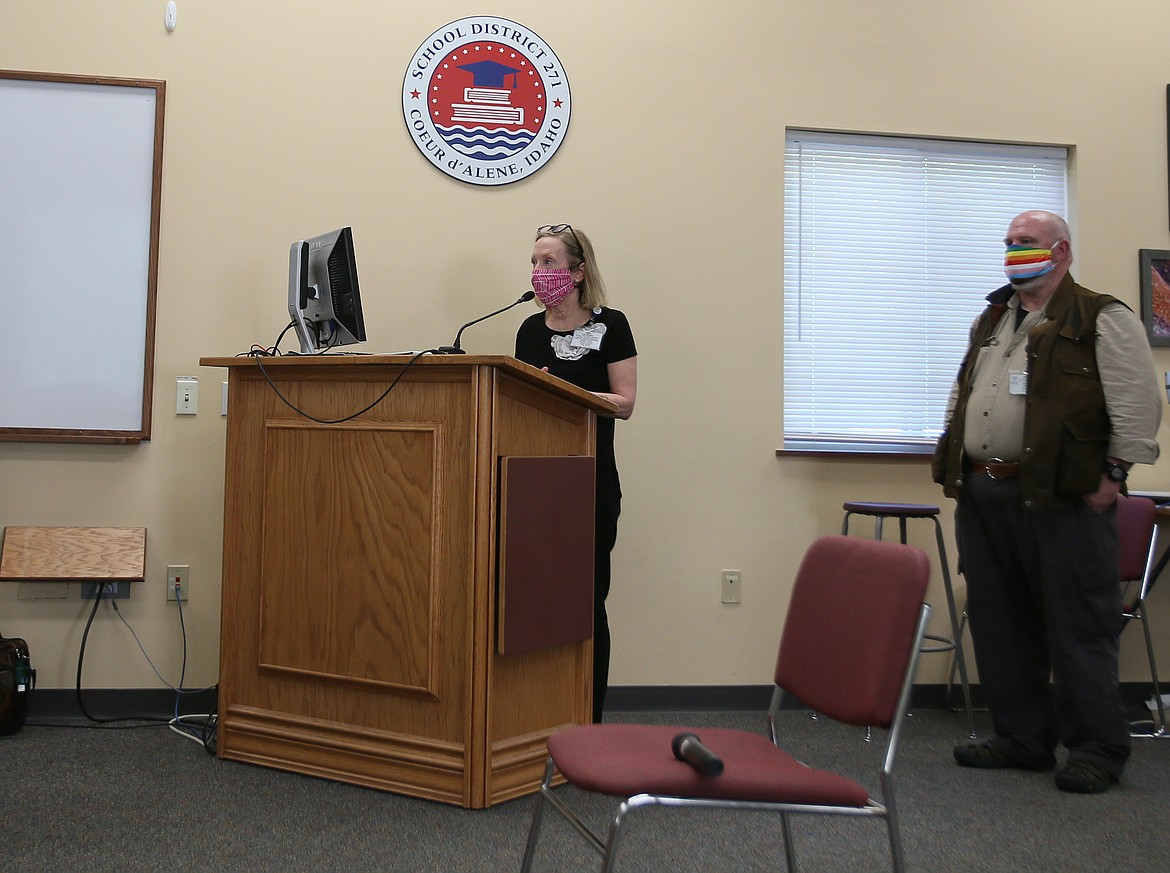 Lora Whalen, district director of Panhandle Health District, fields questions related to COVID-19 and what will be necessary for school to resume this fall during a special Coeur d’Alene School District workshop Monday evening at Midtown Meeting Center. (DEVIN WEEKS/Press)