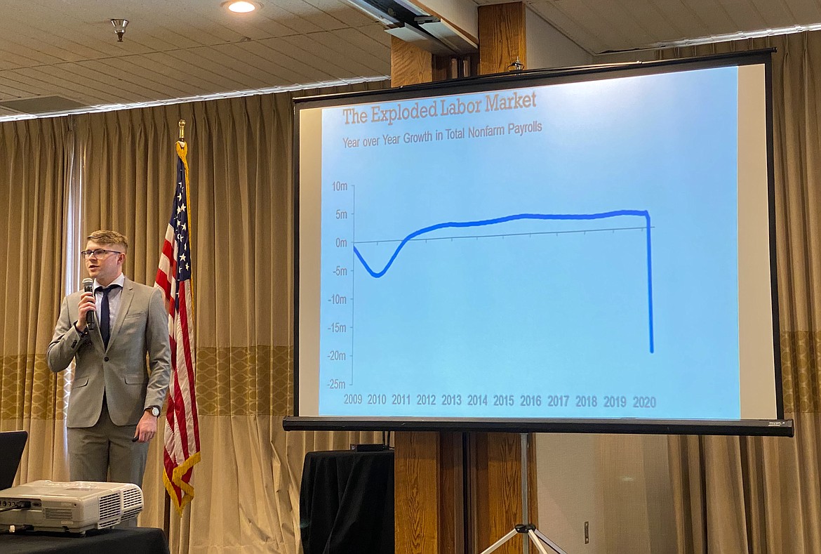 Sam Wolkenhauer, Northern Regional Economist for the Idaho Department of Labor, spoke to the Post Falls Chamber of Commerce Tuesday about the economic effects of COVID-19 on the U.S. since February. (MADISON HARDY/Press)