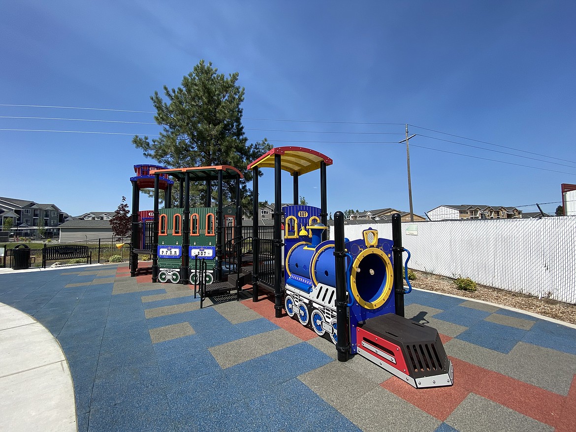 The new train-themed playground in the back of the Black Bay Depot Recreation Center. (MADISON HARDY/Press)