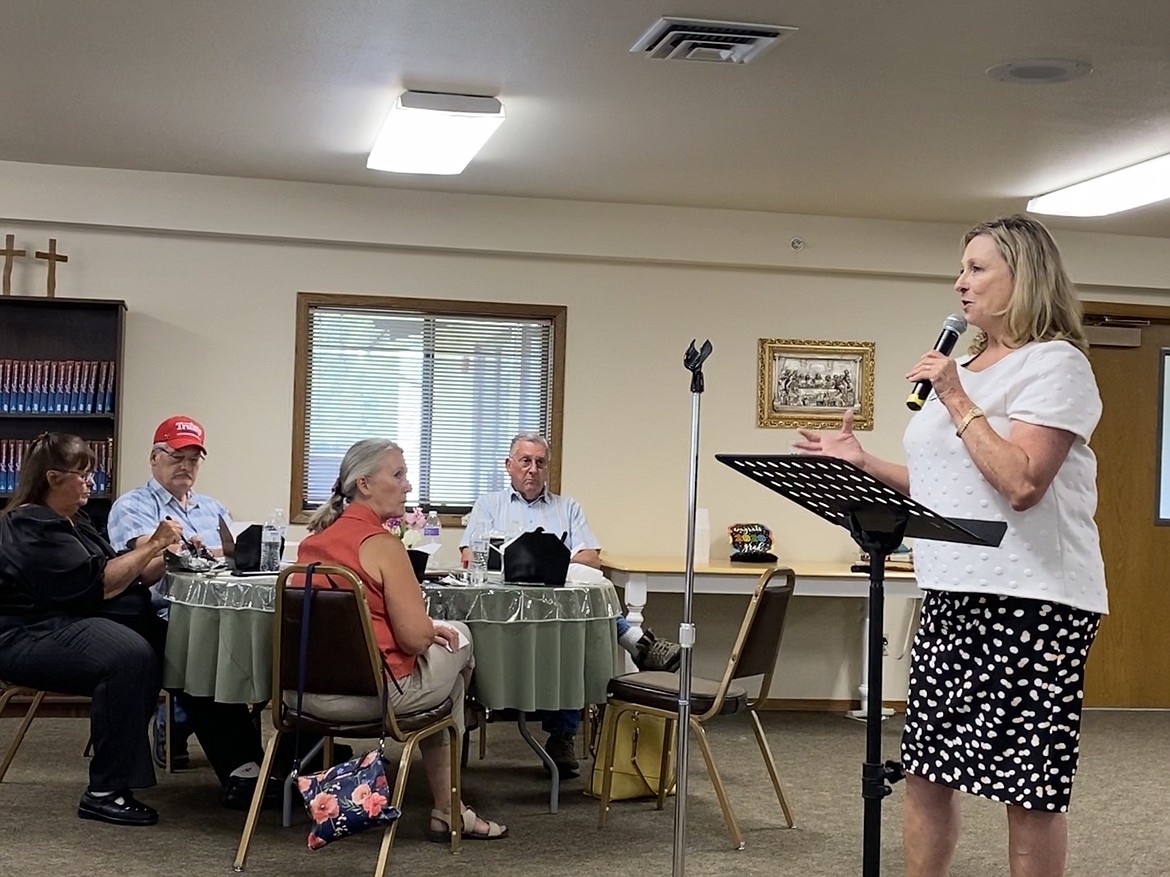 Post Falls Food Bank executive director Leslie Orth speaks during Rathdrum’s Chamber of Commerce luncheon Thursday at Shepherd of the Hills Lutheran Church. (MADISON HARDY/Press)