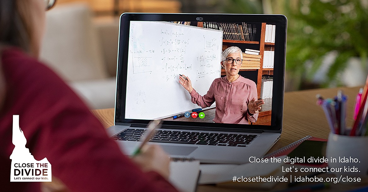 In this graphic created for Wednesday’s Close the Divide Day,  a student watches via a laptop as a teacher goes over a lesson. The Idaho Business Education program aims to put laptops and internet service into the hands of every student so they have what they need in the event any — or all of learning — is again online.