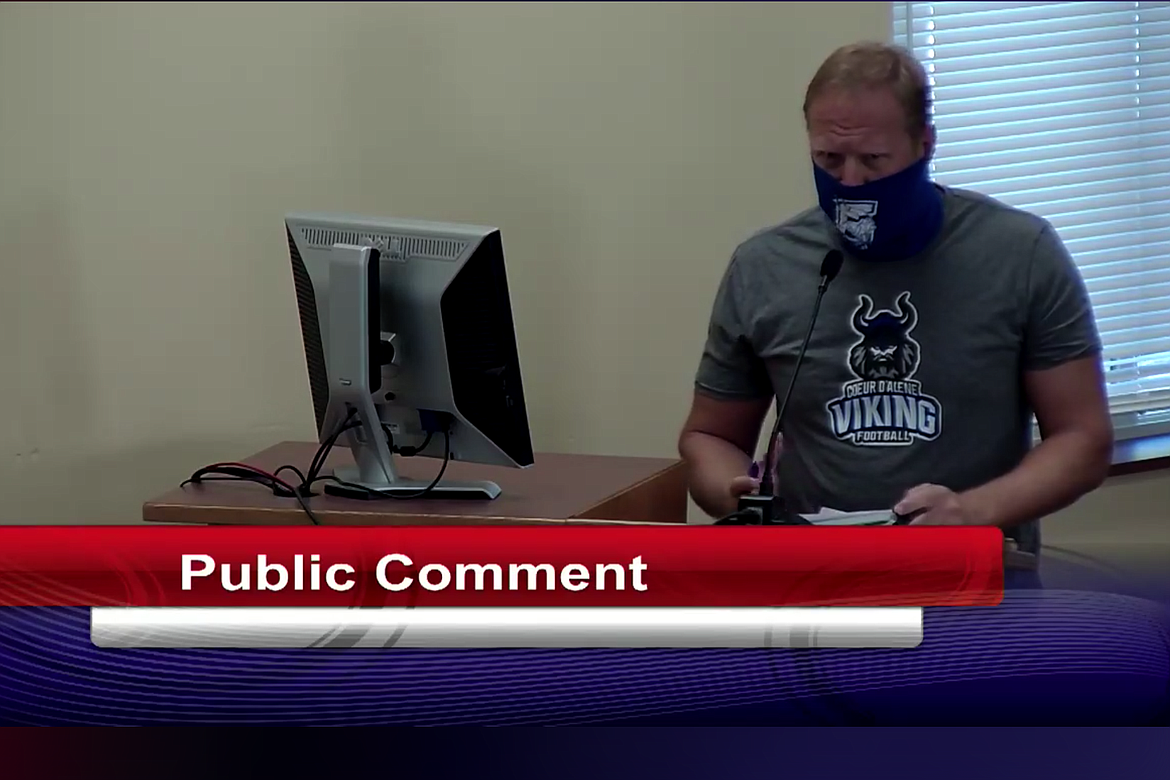 Eighth grade Earth science teacher and coach Tony Prka expresses the importance of school sports for the mental health and stability of students during a school board meeting Monday evening. (Screenshot via Facebook)