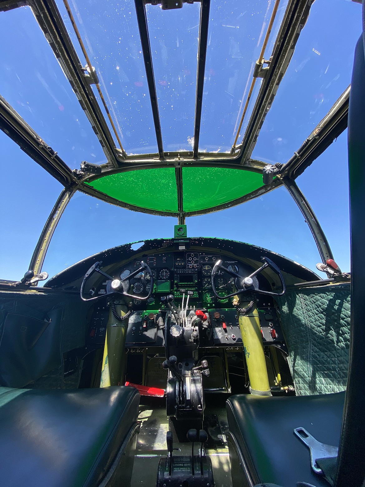 The pilot's view from the World War II B-25J the "Maid in the Shade" featuring the cockpit controls.  (MADISON HARDY/Press)