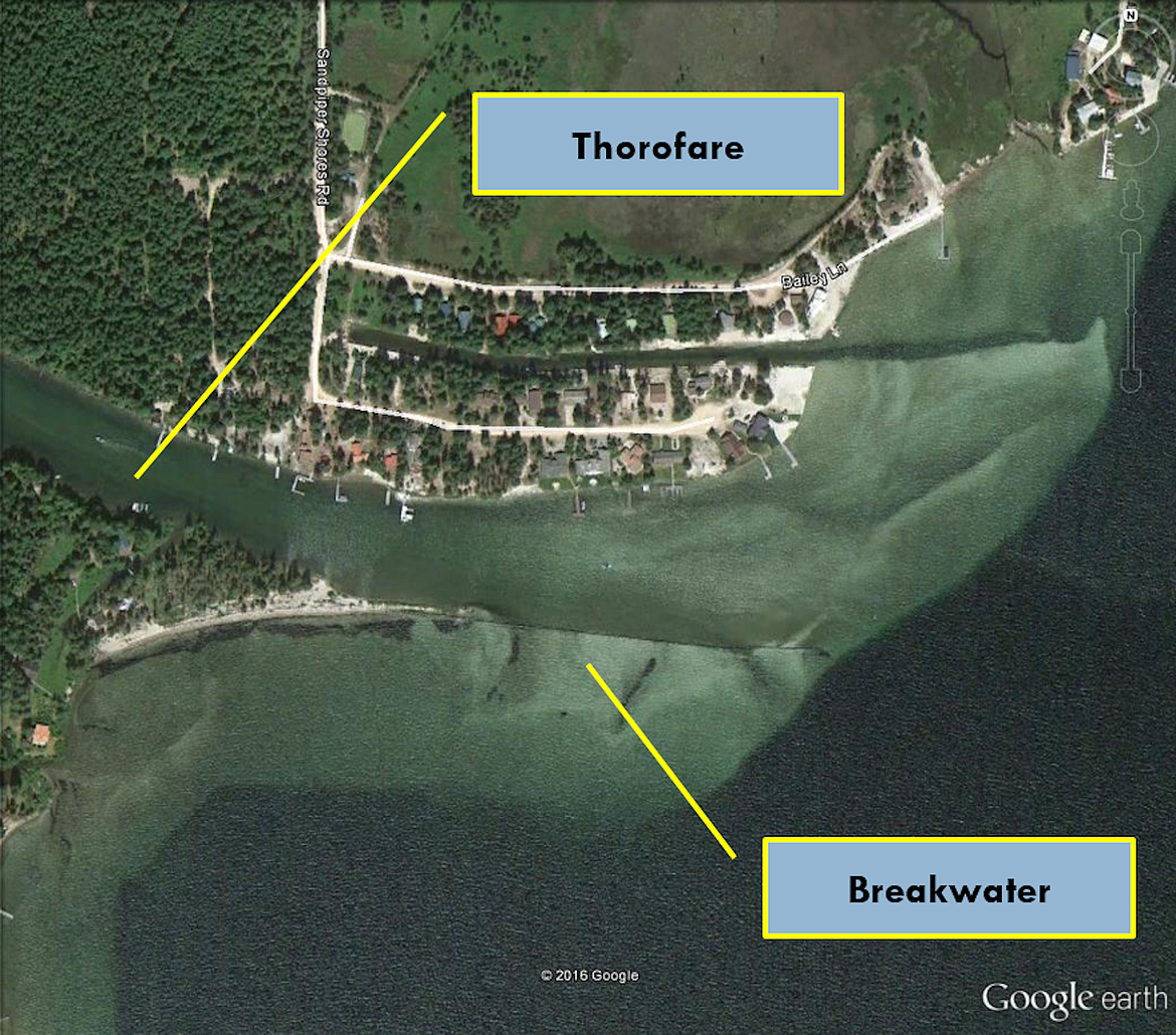 (Image courtesy IDAHO WATER RESOURCES) 
 This satellite image shows the location of a new breakwater and the Thorofare at Priest Lake.