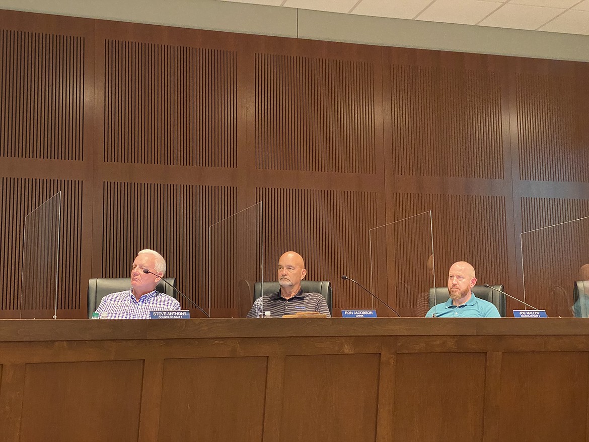 Post Falls City Council discussed many issues in last night's meeting including the CARES Act and fee increases. From left, Councilor Steve Anthony, Mayor Ron Jacobson, and Councilor Joe Malloy. (MADISON HARDY/Press)