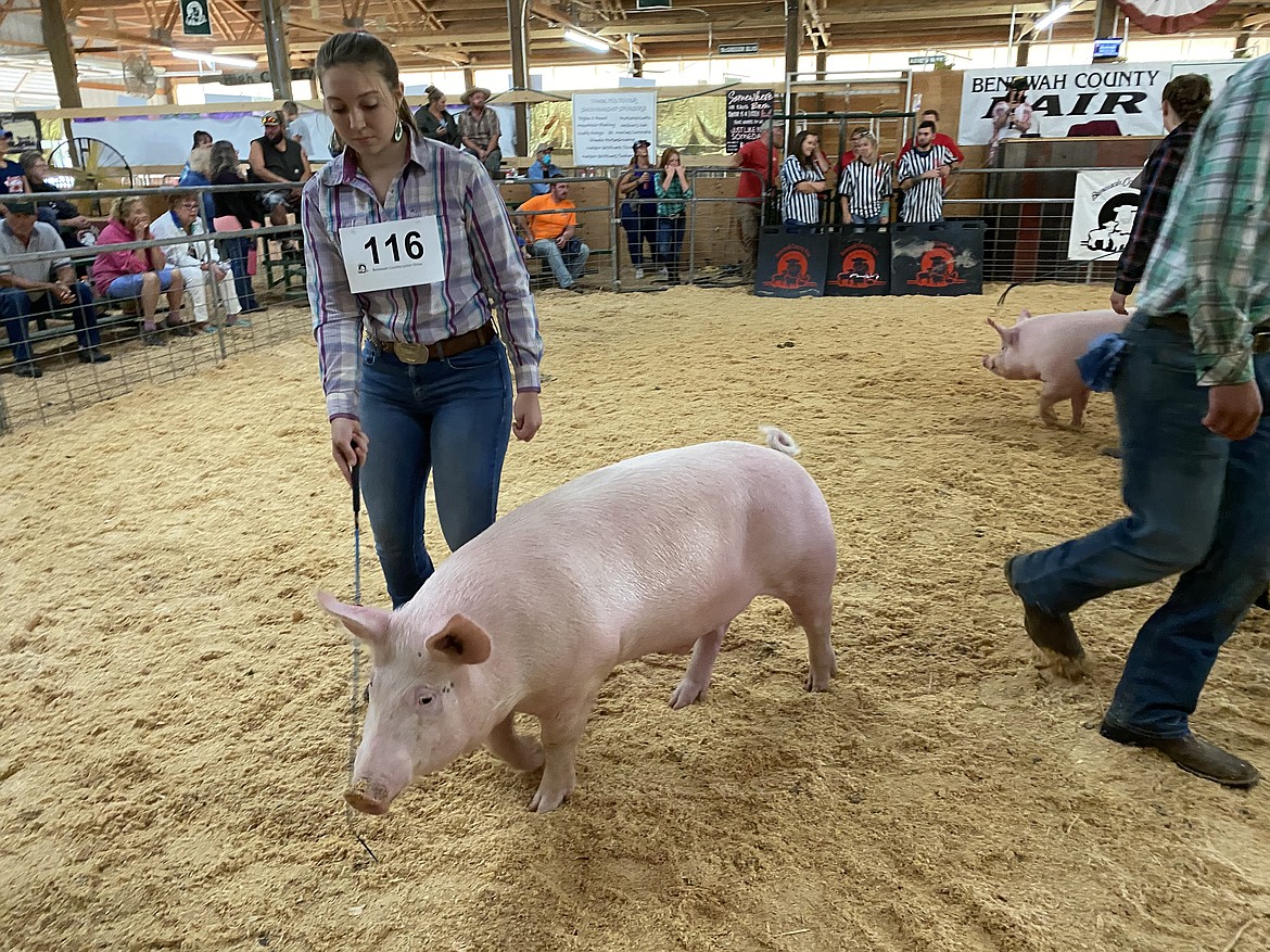 Allison Dundas guides her show pig, Roscoe, around the pen to impress judges at the Benewah County Fair Junior Show and Sale event. (MADISON HARDY/Press)