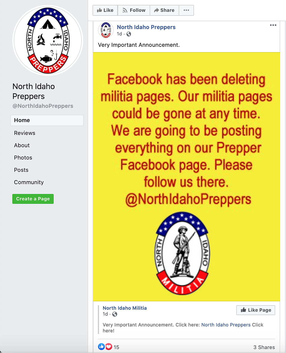 The North Idaho Militia, fearing their Facebook page would be removed, urged their followers to their North Idaho Preppers page. Facebook, ina purge against what the social media giant deemed groups and organizations promoting violence, began removing pages of militias across North Idaho and around the country Wednesday.