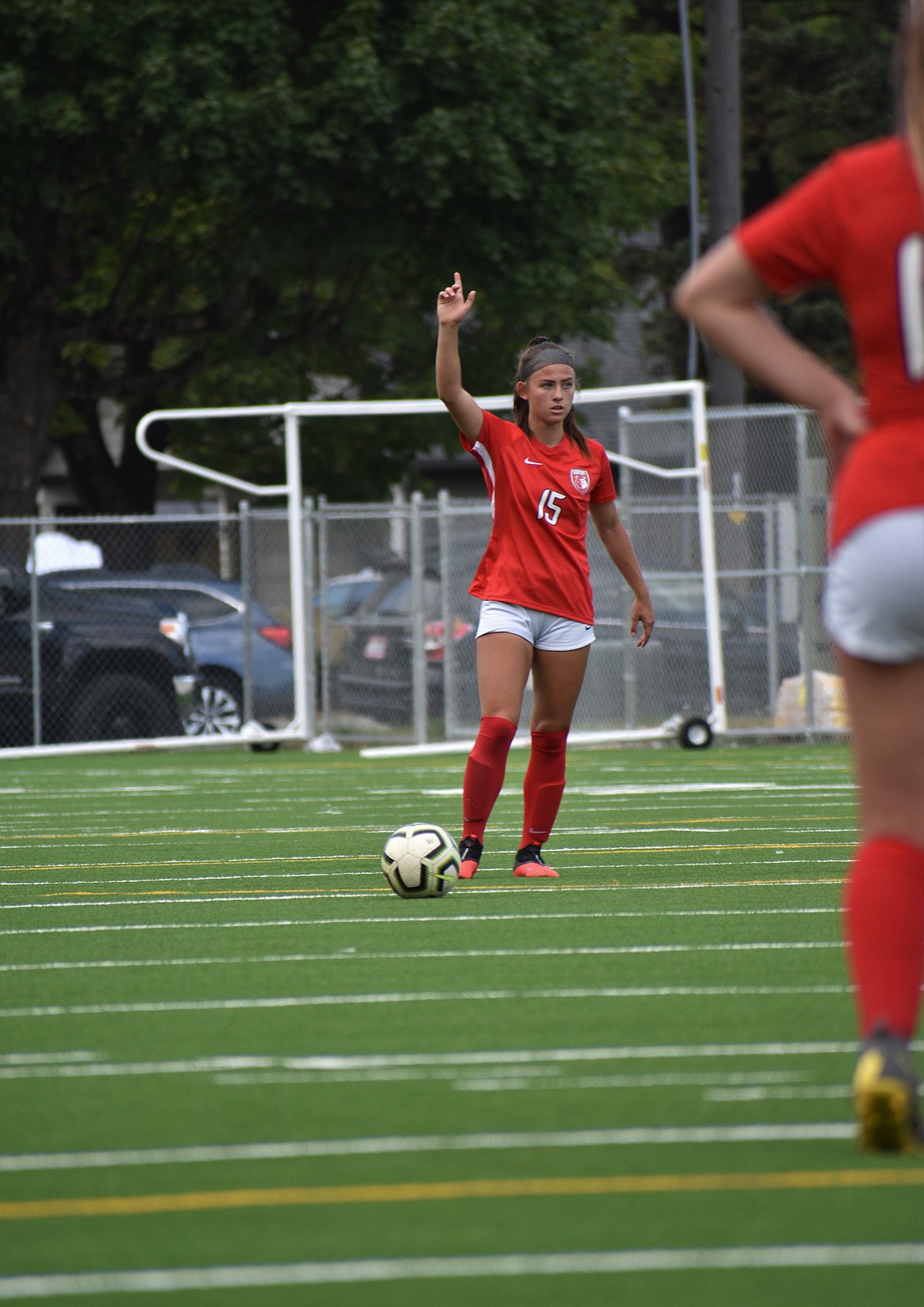 (Photo by DYLAN GREENE) 
 Senior Jordie Breeden takes a free kick during Friday's game.