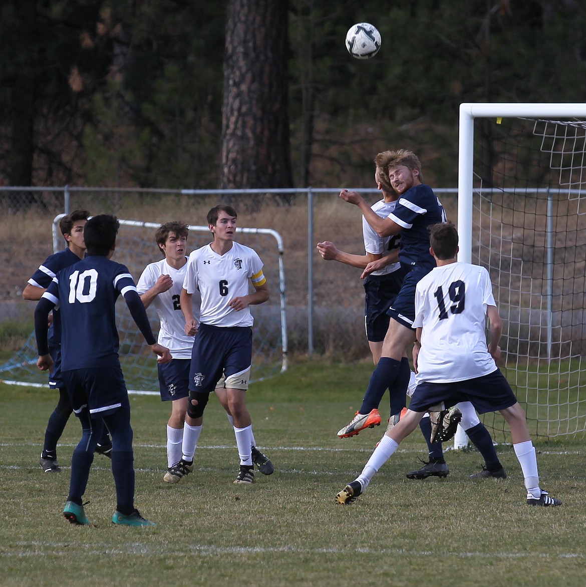 (Hagadone News Network file photo) Bonners Ferry and Timberlake players battle on a header during a recent district boys soccer match. To get players ready for the field, Boundary Community Hospital offers a sports physical clinic as a free service for Boundary County student athletes. This year the event will be held on Tuesday, July 28 from 5 p.m. to 7 p.m.