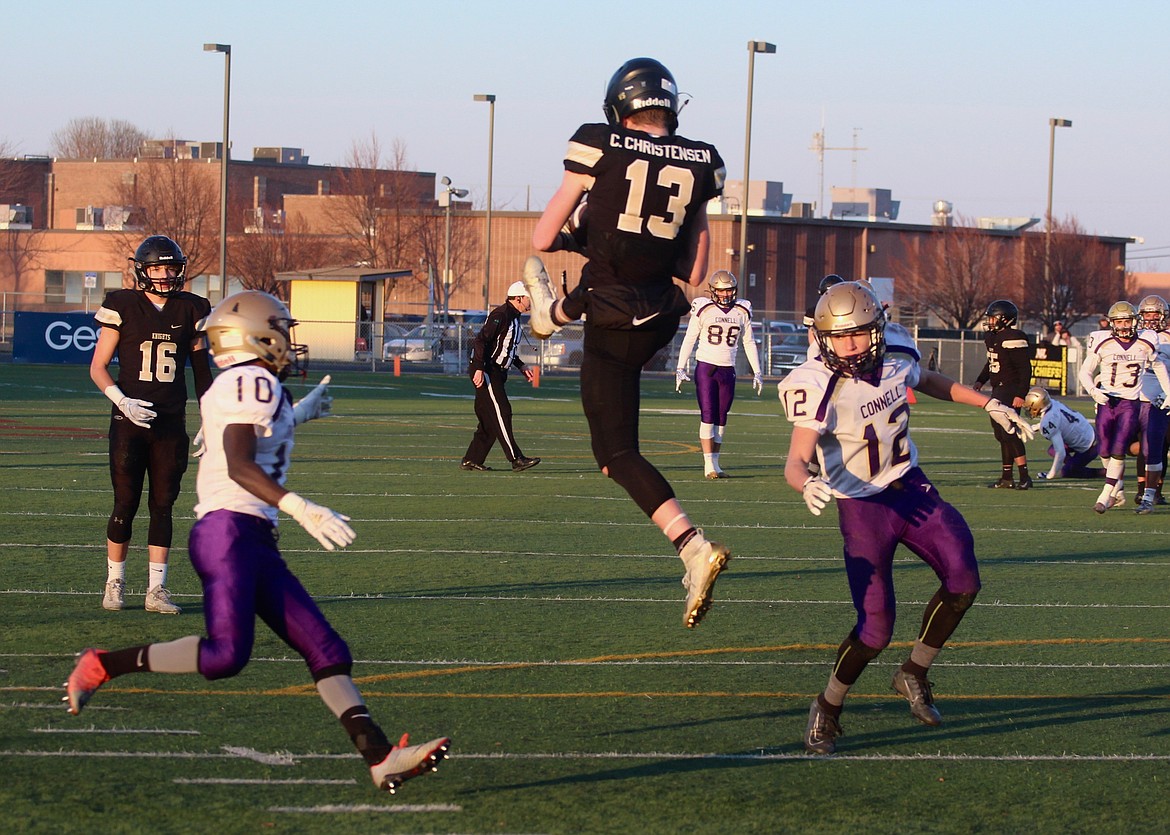 Casey McCarthy/Columbia Basin Herald Royal’s Cooper Christensen goes up for the grab against Connell on Saturday at Lions Field in Moses Lake.