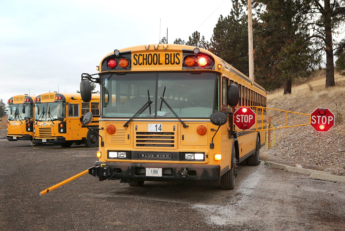 A Bigfork school bus equipped with a more than 6-foot-long stop arm is shown in this Dec. 3, 2019 file photo. Columbia Falls, Kalispell  and Whitefish scÔhool districts will benefit from a $5,000 Flathead Electric Cooperative Roundup for Safety grant awarded to the Flathead Community Foundation for the purchase of similar extended stop sign arms to equip on buses. (Mackenzie Reiss/Daily Inter Lake)