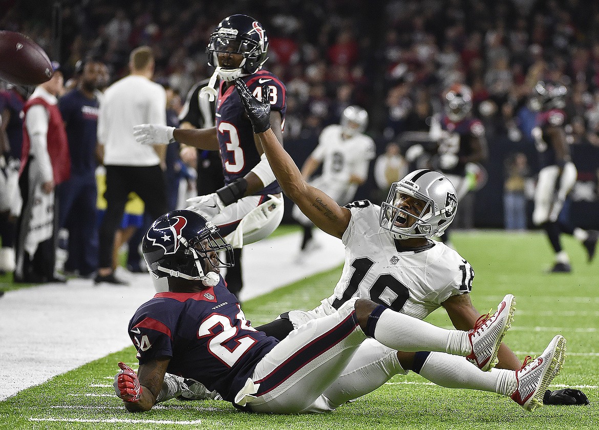 Oakland Raiders wide receiver Andre Holmes (18) calls for interference call against Houston Texans cornerback Johnathan Joseph (24) during the second half of an AFC Wild Card NFL game Saturday, Jan. 7, 2017, in Houston. Interference was called by the officials. (AP Photo/Eric Christian Smith)