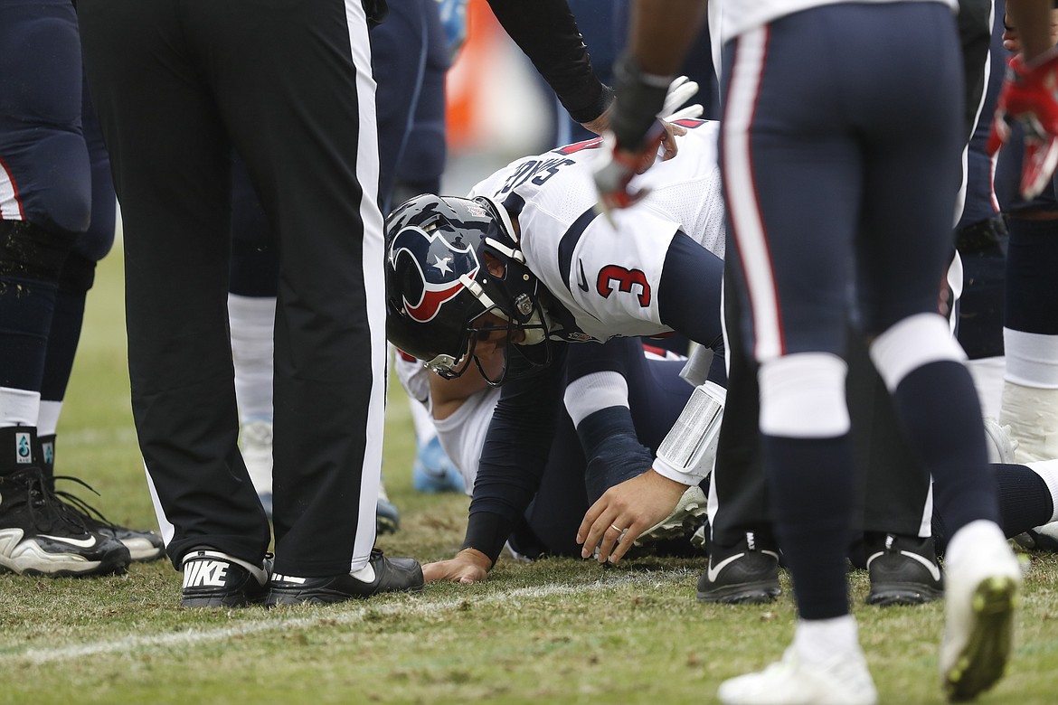 Houston Texans Starting QB Tom Savage (3) gets up after being hit in the first half of last Sunday&#146;s NFL game against the Tennessee Titans in Nashville, Tenn. Savage left the game with a concussion. (AP Photo/Weston Kenney)