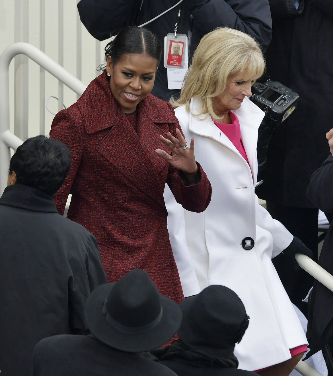 First Lady Michelle Obama, left, arrives with Vice President Joe Biden's wife, Dr. Jill Biden for the 58th Presidential Inauguration for President-elect Donald Trump at the U.S. Capitol in Washington, Friday, Jan. 20, 2017.(AP Photo/Susan Walsh)