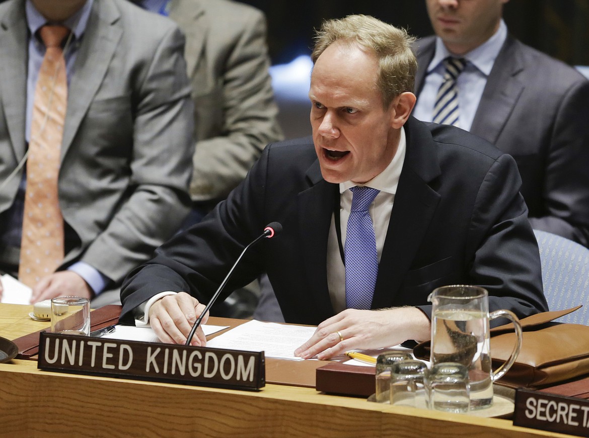 Britain&#146;s United Nations Ambassador Matthew Rycroft speaks during a meeting of the Security Council on Syria at U.N. headquarters, Wednesday, April 5, 2017. Rycroft said the attack in Syria&#146;s rebel-held Idlib province &#147;bears all the hallmarks&#148; of President Bashar Assad&#146;s regime and the Britain believes a nerve agent capable of killing over a hundred people was used. (AP Photo/Bebeto Matthews)