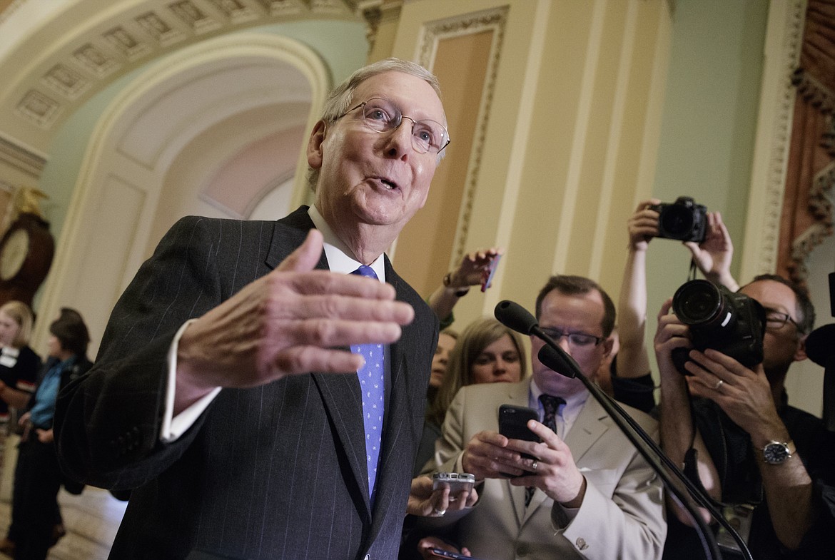 Senate Majority Leader Mitch McConnell of Ky. speaks to reporters on Capitol Hill in Washington, Tuesday, April 4, 2017, about the struggle to move Supreme Court nominee Neil Gorsuch toward a final up-or-down vote on the Senate floor. (AP Photo/J. Scott Applewhite)