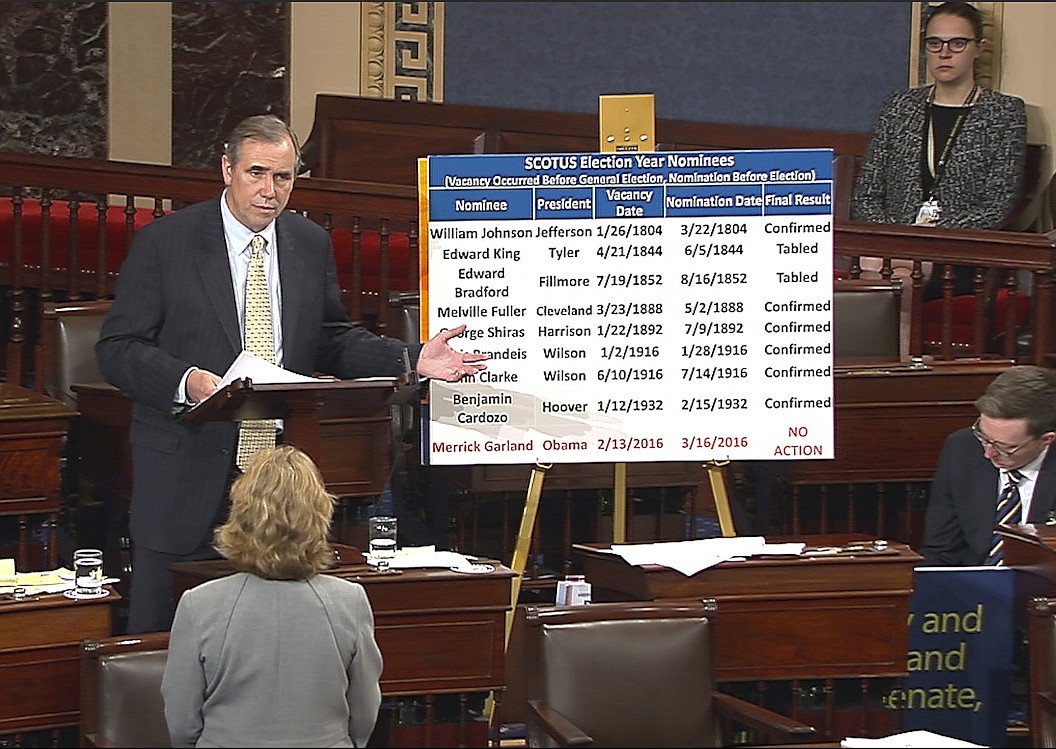 In this frame grab from video provided by Senate Television, Sen. Jeff Merkley, D-Ore. speaks on the floor of the Senate on Capitol Hill in Washington, Wednesday, April 5, 2017. Merkley held the Senate floor through the night and was still going in an attention-grabbing talk-a-thon highlighting his party&#146;s opposition to President Donald Trump&#146;s Supreme Court nominee, Neil Gorsuch. (Senate Television via AP)