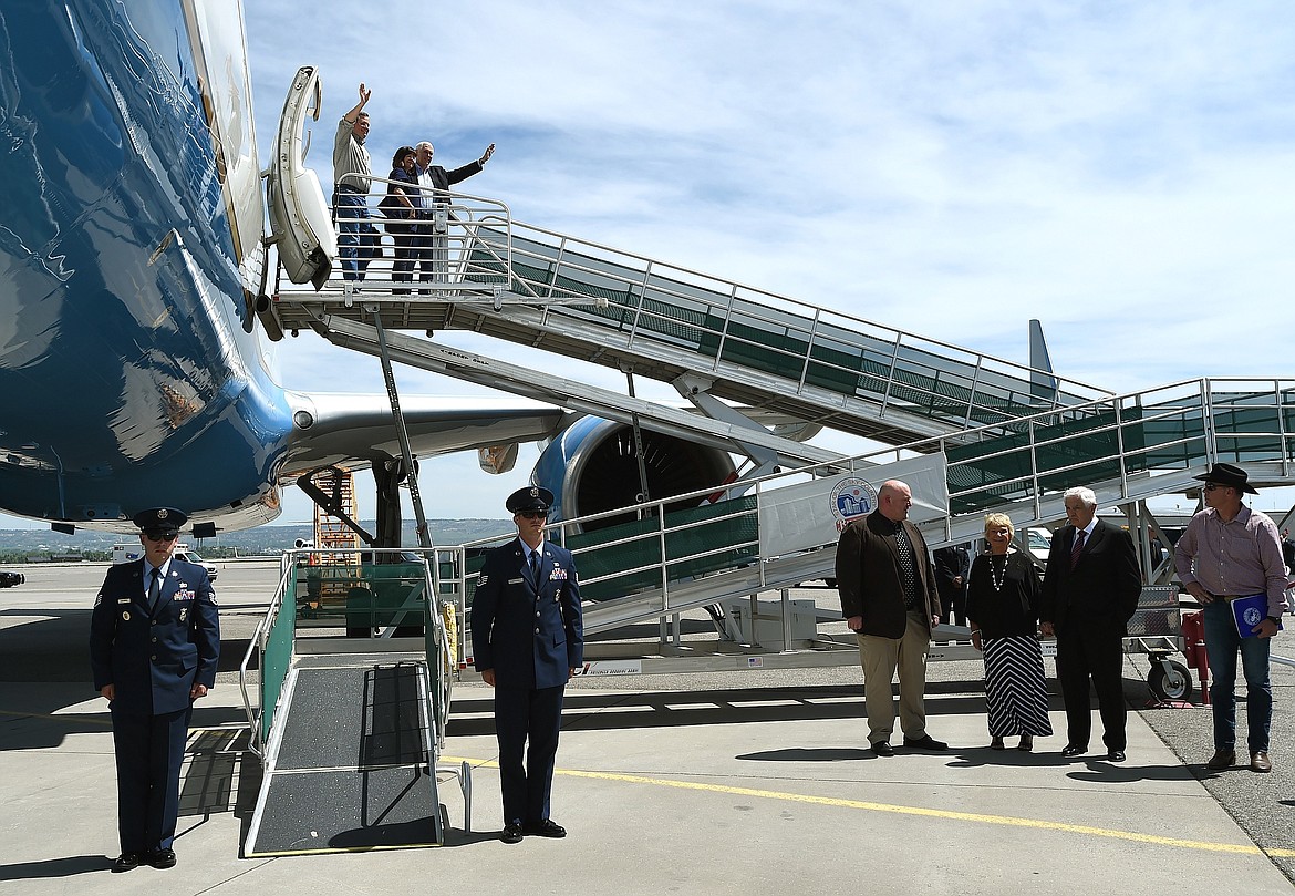 Vice President Mike Pence, his wife Karen and Senator Steve Daines arrive in Billings, Mont., for a trip to the Crow Indian Reservation and a campaign event with congressional candidate Greg Gianforte, Friday, May 12, 2017. (Larry Mayer/The Billings Gazette via AP)