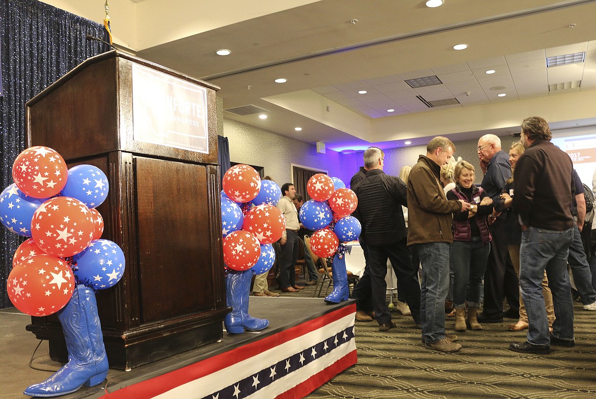 The stage is prepared for the arrival of Republican congressional candidate Greg Gianforte, who was seeking to become Montana&#146;s sole member in the U.S. House, at a hotel in Bozeman, Mont., Thursday, May 25, 2017. Gianforte won Montana&#146;s only U.S. House seat on Thursday despite being charged a day earlier with assault after witnesses said he grabbed a reporter by the neck and threw him to the ground. (AP Photo/Bobby Caina Calvan).