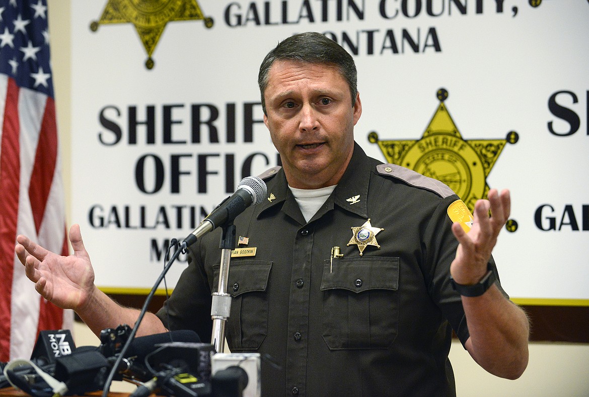Gallatin County Sheriff Brian Gootkin answers questions during a press conference on Thursday, May 25, 2017, in Bozeman, Mont. The sheriff, who cited Montana congressional candidate Greg Gianforte for shoving a reporter to the ground, said the Republican was charged with misdemeanor assault because there was no serious bodily injury. Gootkin said he never considered pursuing a felony charge against Gianforte based on evidence collected after the Wednesday incident.(Rachel Leathe /Bozeman Daily Chronicle via AP)