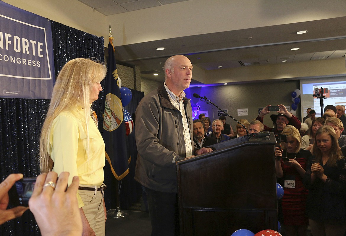 Republican Greg Gianforte addresses supporters at a hotel ballroom after winning Montana&#146;s sole congressional seat, in Bozeman, Mont., Thursday, May 25, 2017. In his speech, Gianforte apologized for a altercation at his campaign headquarters with a reporter on the eve of the special election. The altercation led to a misdemeanor assault citation. (AP Photo/Bobby Caina Calvan)