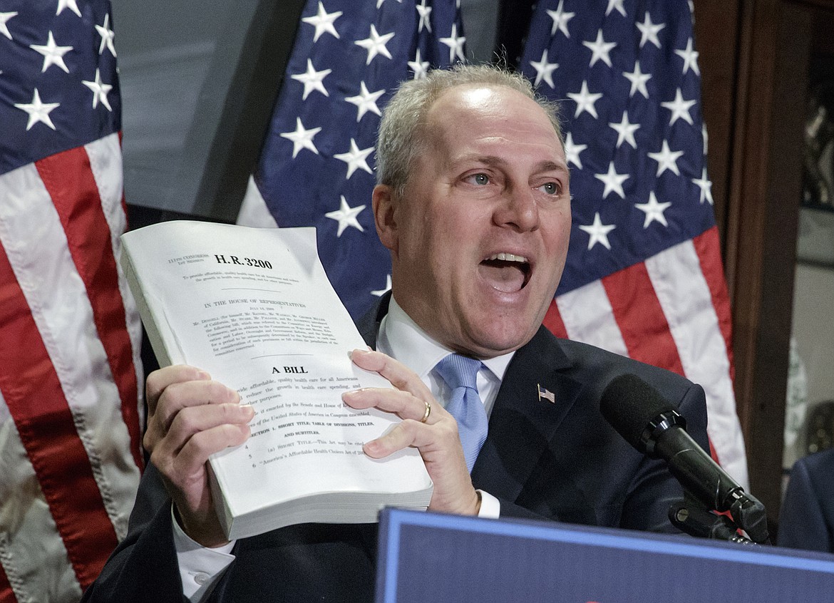 FILE - In this March 8, 2017 file photo, House Majority Whip Steve Scalise of La. speaks on Capitol Hill in Washington. Scalise was shot Wednesday, June 14, 2017, at a congressional baseball practice in Alexandria, Va., congressional officials say. (AP Photo/J. Scott Applewhite, File)