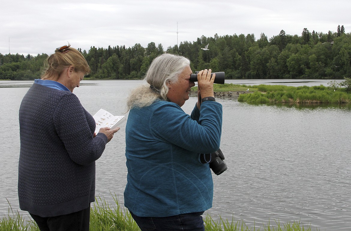 Karen Wofford, left, of Santa Rosa, Calif., and Linda Purviance of Anchorage, bird watch at Westchester Lagoon in Anchorage, Alaska, on Tuesday, June 20, 2017. Purviance said she felt sorry for the families of two people who were mauled to death in Alaska this week by black bears, but said the bear attacks wouldn't stop her from spending time in the Alaska outdoors. (AP Photo/Mark Thiessen)