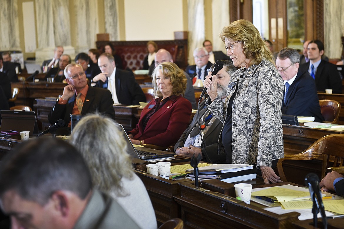 Nancy Ballance (R-Hamilton) addresses the full assembly of the state House of Representatives during special session Tuesday, Nov. 14, 2017,  at the state Capitol in Helena, Mont.  (Thom Bridge/Independent Record via AP)