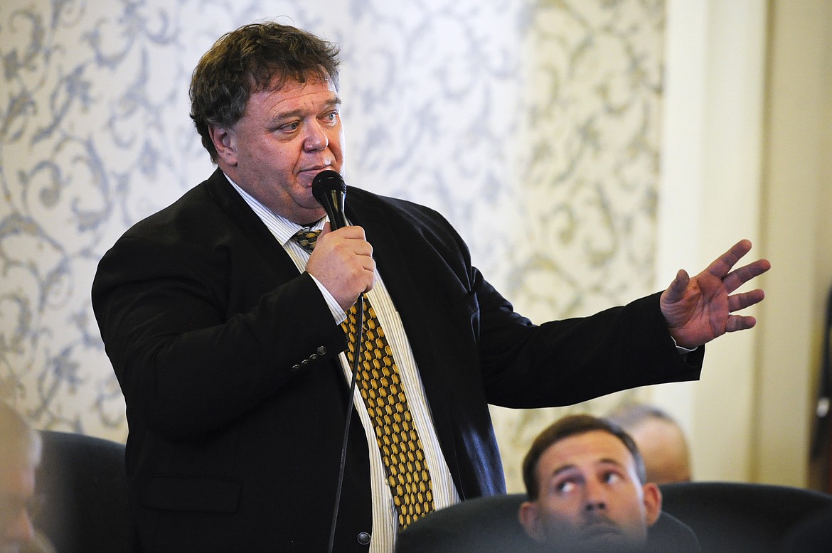 Sen. Llew Jones (R-Conrad) addresses the full assembly of the state Senate Tuesday morning during the second day of the special legislative session, at the state Capitol in Helena, Mont.  (Thom Bridge/Independent Record via AP)